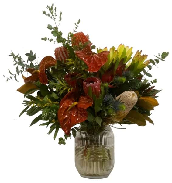 Native bouquet with anthuriums in vase
